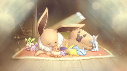 Size: 1920x1080 | Tagged: safe, artist:しあ, eevee, eeveelution, espeon, fictional species, flareon, glaceon, jolteon, leafeon, mammal, sylveon, umbreon, vaporeon, feral, nintendo, pokémon, 2013, 2d, ambiguous gender, ambiguous only, group, wallpaper