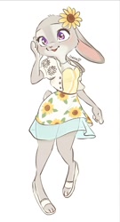 Size: 692x1280 | Tagged: safe, artist:penpen_disney, judy hopps (zootopia), lagomorph, mammal, rabbit, anthro, digitigrade anthro, disney, zootopia, breasts, cleavage, clothes, cute, dress, female, floppy ears, flower, flower in hair, fluff, fur, gray body, gray fur, hair, hair accessory, neck fluff, plant, purple eyes, sandals, shirt, shoes, simple background, solo, solo female, topwear, white background