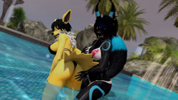Size: 1280x720 | Tagged: suggestive, artist:jstarwolf13, eeveelution, fictional species, mammal, umbreon, anthro, nintendo, pokémon, 2020, 3d, belly button, bikini, black nose, breasts, butt, clothes, detailed background, digital art, duo, duo female, ears, eyelashes, female, female/female, females only, fluff, fur, hair, looking at you, looking back, looking back at you, neck fluff, nipple outline, open mouth, palm tree, plant, pose, rear view, sharp teeth, sideboob, skinny dipping, sky, swimming pool, swimsuit, tail, teeth, thighs, tongue, tongue out, tree, wedgie, wide hips