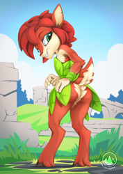 Size: 955x1351 | Tagged: safe, artist:mysticalpha, elora (spyro), faun, fictional species, mammal, anthro, unguligrade anthro, spyro the dragon (series), 2019, black nose, butt, clothes, detailed background, digital art, dress, ears, eyelashes, female, fur, grass, hair, hooves, looking at you, pose, rear view, smiling, smiling at you, solo, solo female, tail, thighs, wide hips