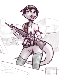 Size: 868x1100 | Tagged: suggestive, artist:evily arts, fictional species, kobold, reptile, anthro, 2022, armband, assault rifle, bikini, breasts, bullet, camouflage, clothes, dog tag, eyebrows, eyelashes, female, green eyes, gun, headwear, helmet, legwear, m16, micro bikini, open mouth, peace symbol, rifle, small breasts, solo, solo female, stockings, swimsuit, vietnam war, weapon, womb tattoo