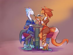 Size: 3500x2626 | Tagged: safe, artist:siggymcc, lizard, reptile, anthro, divinity: original sin, eating, female, food, head frill, ice cream, male, sitting, tail