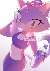 Size: 495x700 | Tagged: safe, artist:iiimirai, blaze the cat (sonic), cat, feline, mammal, anthro, sega, sonic the hedgehog (series), blushing, clothes, female, solo, solo female, sports bra, sports pants, tail, topwear, water bottle, workout clothes