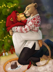 Size: 943x1280 | Tagged: safe, artist:lynxgirl, nala (the lion king), simba (the lion king), big cat, feline, lion, mammal, anthro, disney, the lion king, 2021, anthro/anthro, bottomwear, cake, christmas, christmas sweater, christmas tree, clothes, colored sclera, conifer tree, duo, face to face, female, food, fork, hair, holiday, kneeling, leonine tail, lioness, male, male/female, mane, pants, plate, red hair, shipping, side view, sitting, smiling, tail, tree, whiskers, yellow sclera