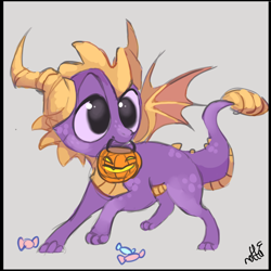 Size: 1200x1200 | Tagged: safe, artist:mr.lucifer, spyro the dragon (spyro), dragon, fictional species, western dragon, feral, spyro the dragon (series), 2d, candy, food, gray background, male, simple background, solo, solo male, trick or treat
