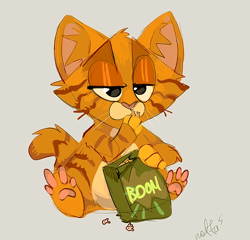 Size: 1072x1030 | Tagged: safe, artist:mr.lucifer, garfield (garfield), cat, feline, mammal, feral, garfield (comic), 2d, bag, container, eating, front view, male, paw pads, paws, simple background, sitting, solo, solo male, three-quarter view, white background