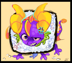 Size: 1280x1107 | Tagged: safe, artist:mr.lucifer, spyro the dragon (spyro), dragon, fictional species, western dragon, feral, spyro the dragon (series), 2d, cross-popping veins, food, heart, heart eyes, male, simple background, solo, solo male, sushi, wingding eyes, yellow background