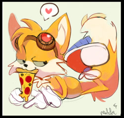 Size: 1280x1221 | Tagged: safe, artist:mr.lucifer, miles "tails" prower (sonic), canine, fox, mammal, red fox, anthro, sega, sonic the hedgehog (series), 2022, 2d, food, heart, looking at you, male, pizza, simple background, solo, solo male, white background