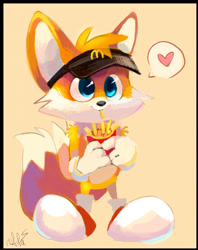 Size: 1016x1280 | Tagged: safe, artist:mr.lucifer, miles "tails" prower (sonic), canine, fox, mammal, red fox, anthro, sega, sonic the hedgehog (series), 2022, 2d, eating, french fries, front view, heart, male, smiling, solo, solo male, three-quarter view