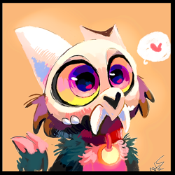 Size: 1242x1242 | Tagged: safe, artist:mr.lucifer, king (the owl house), fictional species, mammal, semi-anthro, disney, the owl house, 2022, 2d, bone, broken horn, collar, heart, horn, horns, male, orange background, simple background, skull, solo, solo male, titan, young