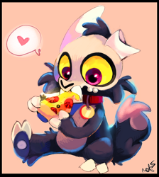 Size: 1000x1118 | Tagged: safe, artist:mr.lucifer, king (the owl house), fictional species, mammal, semi-anthro, disney, the owl house, 2022, 2d, bone, broken horn, collar, food, heart, horn, horns, male, pink background, pizza, simple background, skull, solo, solo male, titan, young