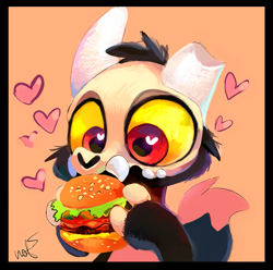 Size: 1063x1054 | Tagged: safe, artist:mr.lucifer, king (the owl house), fictional species, mammal, semi-anthro, disney, the owl house, 2022, 2d, bone, broken horn, burger, cheese, collar, dairy products, food, front view, heart, heart eyes, horn, horns, lettuce, male, meat, orange background, simple background, skull, solo, solo male, three-quarter view, titan, tomato, vegetables, wingding eyes