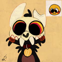 Size: 1000x1000 | Tagged: safe, artist:mr.lucifer, king (the owl house), fictional species, mammal, semi-anthro, disney, the owl house, 2022, 2d, blushing, bone, broken horn, collar, front view, horn, horns, male, simple background, skull, solo, solo male, titan, yellow background, young