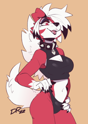 Size: 1000x1400 | Tagged: safe, artist:drakeraynier, fictional species, lycanroc, mammal, midnight lycanroc, anthro, nintendo, pokémon, 2022, anthrofied, belly button, bikini, bikini bottom, breasts, clothes, collar, crop top, digital art, ears, eyelashes, female, fur, hair, hand on hip, midriff, one eye closed, open mouth, pose, red eyes, sharp teeth, signature, simple background, solo, solo female, spiked collar, swimsuit, tail, tank top, teeth, thighs, tongue, topwear, wide hips