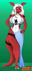 Size: 580x1280 | Tagged: safe, artist:danielssj, fictional species, guilmon, anthro, digitigrade anthro, digimon, 2022, bedroom eyes, belly button, big breasts, bikini, bikini top, breasts, clothes, commission, digital art, ears, eyelashes, female, hair, hand on hip, looking at you, sarong, scales, simple background, solo, solo female, swimsuit, tail, thighs, wide hips
