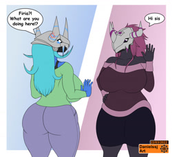 Size: 1280x1172 | Tagged: safe, artist:danielssj, oc, oc only, fictional species, anthro, digimon, 2022, belly button, bottomwear, breasts, butt, clothes, cross-popping veins, dialogue, digital art, duo, duo female, ears, eyelashes, female, females only, hair, horns, looking at each other, pants, rear view, scales, shirt, siblings, sideboob, simple background, sister, sisters, speech bubble, talking, text, topwear, unamused, wargreymon, waving