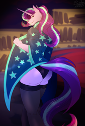 Size: 949x1400 | Tagged: safe, artist:sunny way, starlight glimmer (mlp), equine, fictional species, mammal, pony, unicorn, anthro, friendship is magic, hasbro, my little pony, artwork, bedroom, big butt, bookshelf, butt, clothes, cute, digital art, female, food, fruit, horn, indoors, legwear, magic, mare, panties, patreon reward, peach, pinup, rear view, robe, smiling, solo, solo female, star, stockings, thick, underwear
