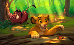 Size: 1280x782 | Tagged: safe, artist:lynxgirl, pumbaa (the lion king), simba (the lion king), timon (the lion king), arthropod, big cat, caterpillar, feline, insect, lion, mammal, meerkat, mongoose, suid, warthog, feral, disney, the lion king, 2022, brown body, brown fur, colored sclera, fangs, fur, group, jungle, log, male, males only, open mouth, paw pads, paws, plant, sharp teeth, tail, tail wag, teeth, tree, trio, trio male, underpaw, whiskers, yellow body, yellow fur, yellow sclera, young