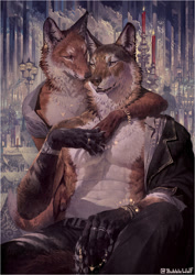 Size: 920x1302 | Tagged: safe, artist:bubblewolf, canine, fox, mammal, wolf, anthro, 2022, anthro/anthro, belt, bottomwear, candle, clothes, digital art, digital painting, duo, duo male, featured image, fire, fluff, holding, holding hands, jewelry, lights, male, male/male, males only, neck fluff, open clothes, pants, realistic, ring, scenery, scenery porn, sitting, street light, watch