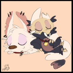 Size: 1036x1033 | Tagged: safe, artist:mr.lucifer, bolt (bolt), king (the owl house), canine, dog, fictional species, german shepherd, mammal, feral, semi-anthro, bolt (disney), disney, the owl house, 2d, bone, broken horn, collar, crossover, duo, duo male, eyes closed, horn, horns, male, males only, orange background, simple background, skull, sleeping, titan, young