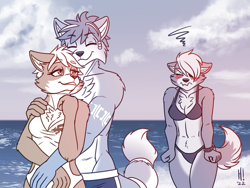 Size: 1440x1080 | Tagged: safe, artist:heresyart, fox mccloud (star fox), krystal (star fox), wolf o'donnell (star fox), canine, fox, mammal, wolf, anthro, nintendo, star fox, 2022, abs, anthro/anthro, beach, bedroom eyes, belly button, biceps, bikini, black nose, blushing, bottomwear, breasts, chest fluff, clothes, cloud, cuddling, detailed background, digital art, ears, eyelashes, eyepatch, eyes closed, female, fluff, fur, group, hair, hug, male, male/female, monochrome, muscles, ocean, one eye closed, partial nudity, pecs, rule 63, sand, shorts, sky, swimsuit, tail, thighs, topless, tribal markings, trio, tsundere, unamused, vixen, vixen mccloud, water, wide hips, wolfess o'donnell