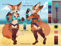 Size: 1280x972 | Tagged: safe, artist:thecatnamedfish, oc, oc:tayto (thecatnamedfish), canine, fictional species, mammal, vulpera, anthro, blizzard entertainment, world of warcraft, bikini, clothes, ear piercing, earring, female, piercing, reference sheet, solo, solo female, swimsuit, tongue, tongue out