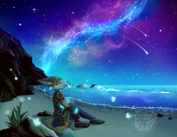 Size: 1280x989 | Tagged: safe, artist:thecatnamedfish, oc, oc:tayto (thecatnamedfish), canine, fictional species, mammal, vulpera, anthro, blizzard entertainment, world of warcraft, beach, bikini, clothes, ear piercing, earring, female, glowing, night, night sky, piercing, sky, solo, solo female, stargazing, stars, swimsuit, tongue, tongue out, water