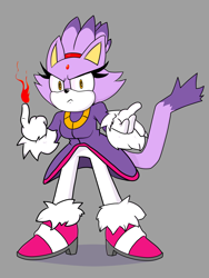Size: 2000x2655 | Tagged: safe, artist:nexter45, blaze the cat (sonic), cat, feline, mammal, anthro, sega, sonic the hedgehog (series), 2016, 4 fingers, annoyed, bottomwear, clothes, dress, female, fire, frowning, fur, gloves, gray background, heels, high res, long tail, looking at you, pants, purple body, purple fur, simple background, solo, solo female, tail, white gloves, yellow eyes