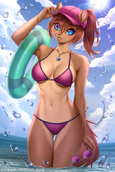 Size: 800x1200 | Tagged: safe, artist:turtlessoul, chipmunk, mammal, rodent, anthro, 2022, alvin and the chipmunks, beach, belly button, breasts, brittany miller (alvin and the chipmunks), brown nose, cap, cloud, detailed background, digital art, ears, eyelashes, female, floating, fur, hair, hat, headwear, jewelry, necklace, ocean, older, sky, solo, solo female, tail, thighs, water, wide hips