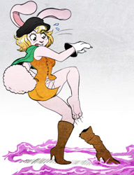Size: 981x1280 | Tagged: safe, artist:scottyartz, carrot (one piece), fictional species, lagomorph, mammal, mink tribe, rabbit, anthro, one piece, afraid, barefoot, big breasts, big butt, breasts, buckteeth, butt, caramel, feet, female, high heel boots, looking down, soles, solo, solo female, stick, sticky, sweat, sweatdrop, teeth, thick thighs, thighs, toes, wide hips