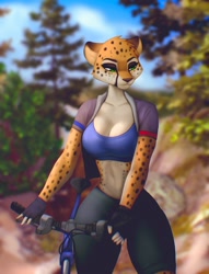Size: 1254x1640 | Tagged: safe, artist:aozee, oc, oc only, cheetah, feline, mammal, anthro, 2022, bedroom eyes, belly button, black nose, bottomwear, breasts, clothes, commission, detailed background, digital art, ears, eyelashes, female, fingerless gloves, forest, fur, gloves, jacket, plant, pose, shorts, solo, solo female, sports bra, sports shorts, spotted body, spotted fur, tail, thighs, topwear, tree, wide hips