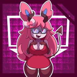 Size: 3110x3110 | Tagged: safe, artist:mintyspirit, oc, oc only, oc:javisylveon (mintyspirit), demon, eeveelution, fictional species, mammal, succubus, sylveon, anthro, nintendo, pokémon, 2020, bedroom eyes, black nose, blue sclera, blushing, breasts, clothes, colored sclera, cute, cute little fangs, demon horns, devil tail, digital art, dress, ears, evening gloves, eyelashes, fangs, female, fluff, fur, generation 6 pokemon, glasses, gloves, glowing, glowing eyes, hair, legwear, long gloves, looking at you, open mouth, pose, pubic fluff, ribbons (body part), solo, solo female, stockings, tail, teeth, thighs, tongue, wide hips