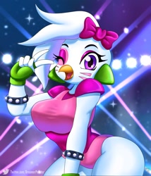 Size: 1200x1400 | Tagged: safe, artist:painterdreamer, glamrock chica (fnaf), bird, chicken, galliform, anthro, five nights at freddy's, five nights at freddy's: security breach, 2022, beak, bedroom eyes, big breasts, breasts, clothes, detailed background, digital art, ears, eyelashes, female, fur, gesture, looking at you, one eye closed, open mouth, peace sign, pose, shoulder pads, solo, solo female, suit, tail, thighs, tongue, wide hips