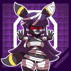 Size: 3110x3110 | Tagged: suggestive, artist:mintyspirit, oc, oc only, oc:luneiumbreon (mintyspirit), eeveelution, fictional species, mammal, umbreon, anthro, nintendo, pokémon, 2021, bedroom eyes, belly button, black nose, breasts, clothes, colored sclera, costume, detailed background, digital art, ears, eyelashes, fluff, fur, glasses, gritted teeth, hair, halloween, halloween costume, holiday, looking at you, mummy costume, pubic fluff, red sclera, sharp teeth, simple background, tail, teeth, thighs, wide hips