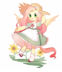 Size: 2689x3115 | Tagged: safe, artist:dreamsugar, fluttershy (mlp), equine, fictional species, mammal, pegasus, pony, semi-anthro, friendship is magic, hasbro, my little pony, clothes, cottagecore, dress, female, flower, grass, hat, headwear, hooves, looking at you, mare, open mouth, plant, shoes, simple background, socks, solo, solo female, spread wings, sunflower, underhoof, white background, wings