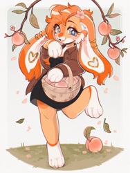 Size: 1536x2048 | Tagged: safe, artist:cepto_k, lagomorph, mammal, rabbit, anthro, basket, bottomwear, clothes, container, ears, female, food, fruit, jacket, long ears, peach, skirt, solo, solo female, topwear