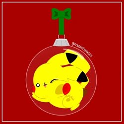 Size: 1562x1562 | Tagged: safe, artist:penguinfreaksh3, fictional species, mammal, pikachu, feral, nintendo, pokémon, 2d, ambiguous gender, christmas, cute, holiday, one eye closed, open mouth, ornaments, paw pads, paws, solo, solo ambiguous