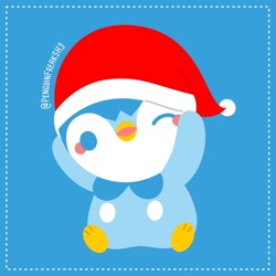 Size: 1562x1562 | Tagged: safe, artist:penguinfreaksh3, fictional species, piplup, feral, nintendo, pokémon, 2d, ambiguous gender, christmas, clothes, hat, headwear, holiday, one eye closed, santa hat, solo, solo ambiguous, starter pokémon, winking