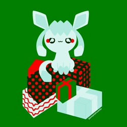 Size: 1080x1080 | Tagged: safe, artist:penguinfreaksh3, eeveelution, fictional species, glaceon, mammal, nintendo, pokémon, 2d, ambiguous gender, christmas, green background, holiday, present, simple background, solo, solo ambiguous
