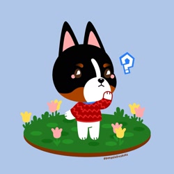 Size: 1687x1687 | Tagged: safe, artist:penguinfreaksh3, canine, dog, mammal, terrier, anthro, animal crossing, nintendo, 2d, blue background, fox terrier, male, question mark, simple background, solo, solo male