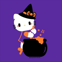 Size: 1024x1024 | Tagged: safe, artist:penguinfreaksh3, hello kitty (sanrio), cat, feline, mammal, anthro, hello kitty (series), sanrio, 2d, cauldron, clothes, female, hat, headwear, purple background, simple background, solo, solo female, witch hat
