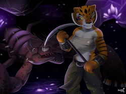 Size: 1280x964 | Tagged: safe, artist:brushart, master tigress (kung fu panda), big cat, feline, fictional species, mammal, monster, tiger, anthro, dreamworks animation, kung fu panda, 2021, belly button, black nose, bottomwear, breasts, cheek fluff, clothes, commission, detailed background, digital art, ears, eyelashes, female, female focus, fluff, fur, loincloth, pants, pickaxe, pose, solo focus, striped body, striped fur, tail, tank top, thighs, topwear, wide hips