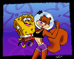 Size: 1024x820 | Tagged: safe, artist:juneduck21, sandy cheeks (spongebob), spongebob (spongebob), mammal, rodent, sponge (species), squirrel, anthro, plantigrade anthro, nickelodeon, spongebob squarepants (series), duo, duo male and female, female, male, muscles, muscular female