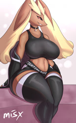 Size: 794x1280 | Tagged: safe, artist:misx, fictional species, lopunny, mammal, anthro, nintendo, pokémon, 2022, bedroom eyes, belly button, big breasts, black sclera, bottomwear, breasts, choker, clothes, colored sclera, detailed background, digital art, ear fluff, ears, eyebrows, eyelashes, female, fluff, fur, legwear, looking at you, pink nose, pose, shorts, sitting, smiling, smiling at you, solo, solo female, sports bra, sports shorts, stockings, tail, thighs, topwear, wide hips