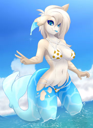 Size: 2021x2774 | Tagged: safe, artist:raxelnsfw, oc, oc only, fish, shark, anthro, 2022, beach, belly button, bikini, blep, breasts, clothes, cloud, detailed background, digital art, ears, eyelashes, female, fins, fish tail, gesture, hair, looking at you, ocean, peace sign, scales, shark tail, skinny dipping, sky, solo, solo female, swimsuit, tail, thighs, tongue, tongue out, water, wide hips