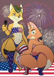 Size: 3541x5016 | Tagged: suggestive, artist:toonar, diane foxington (the bad guys), lt. fox vixen (squirrel and hedgehog), canine, fox, mammal, anthro, digitigrade anthro, dreamworks animation, squirrel and hedgehog, the bad guys, 2022, 4th of july, absurd resolution, american flag bikini, belly button, bikini, breasts, butt, cheek fluff, clothes, digital art, duo, duo female, ears, eyelashes, female, females only, fluff, fur, glasses, gun, handgun, high heel boots, holiday, legwear, looking at you, looking back, looking back at you, piercing, pink nose, pose, rear view, sideboob, squatting, stockings, swimsuit, tail, thighs, united states of america, vixen, weapon, wedgie, wide hips