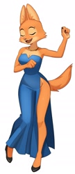 Size: 1100x2550 | Tagged: safe, artist:flowerimh, diane foxington (the bad guys), canine, fox, mammal, anthro, dreamworks animation, the bad guys, 2022, breasts, cheek fluff, clothes, cute, cute little fangs, dancing, digital art, dress, ears, eyelashes, eyes closed, fangs, female, fluff, fur, high heels, open mouth, piercing, pink nose, pose, shoes, side slit, simple background, solo, solo female, tail, teeth, thighs, tongue, vixen, white background, wide hips