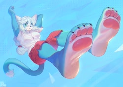 Size: 2048x1448 | Tagged: safe, artist:aruurara, edit, cat, feline, mammal, anthro, arm behind head, barefoot, big breasts, breasts, color edit, feet, female, fetish, foot fetish, foot focus, looking at you, soles, solo, solo female, toes