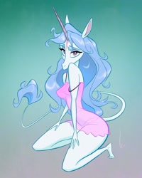 Size: 960x1200 | Tagged: safe, artist:birchly, lady amalthea (the last unicorn), equine, fictional species, mammal, pony, unicorn, anthro, plantigrade anthro, the last unicorn, anthrofied, barefoot, bedroom eyes, big breasts, big butt, breasts, butt, clothes, feet, female, horn, kneeling, looking at you, nightgown, seductive, seductive eyes, seductive look, seductive pose, solo, solo female, thick thighs, thighs, toes, wide hips