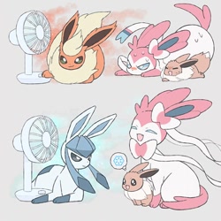 Size: 700x700 | Tagged: safe, artist:mikripkm, eevee, eeveelution, fictional species, flareon, glaceon, mammal, sylveon, feral, nintendo, pokémon, 2022, 2d, ambiguous gender, animated at source, annoyed, blue body, blue eyes, blue fur, breeze, brown body, brown eyes, brown fur, casual nudity, cold, complete nudity, cute, fan, floof, fur, green eyes, group, happy, hot, multicolored fur, nudity, on model, orange body, orange fur, pink body, pink fur, poking, ribbons (body part), smiling, sweat, two toned body, two toned fur, white body, white fur
